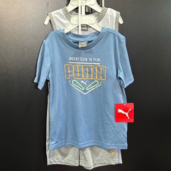 PUMA 3 pc.-set performance tee, muscle tee and elastic waist Puma Logo shorts - Picture 1 of 6